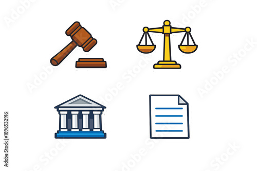 Various legal symbols show the concepts of justice and law as represented by a gavel, scales, courthouse, and legal document around the idea of judicial proceedings