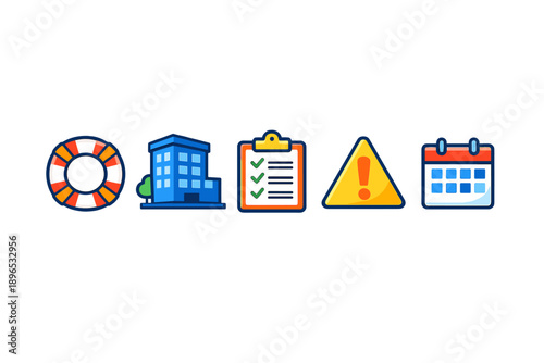 Safety measures in a public place with symbols representing a lifebuoy, building, checklist, warning sign, and calendar