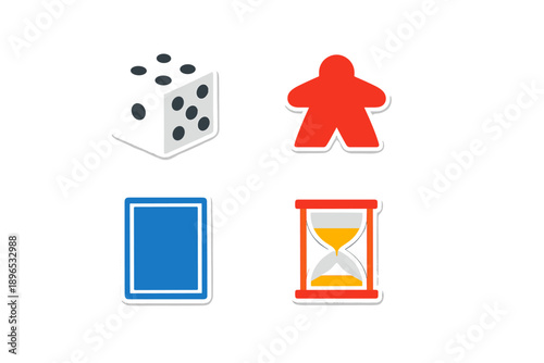 Group of game pieces including a dice, a red player token, a blank card, and an hourglass timer used for playing board games