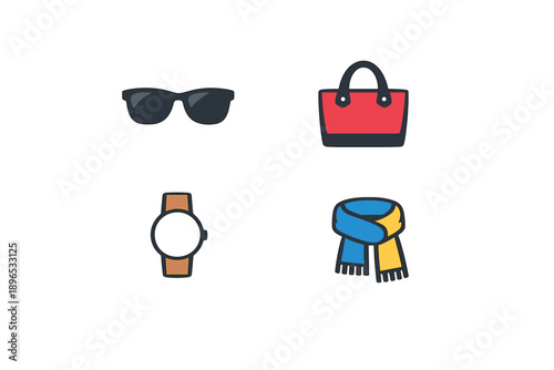 Sunglasses, handbag, watch, and scarf displayed together on a plain background showcasing fashion accessories for daily use and style choices in everyday life