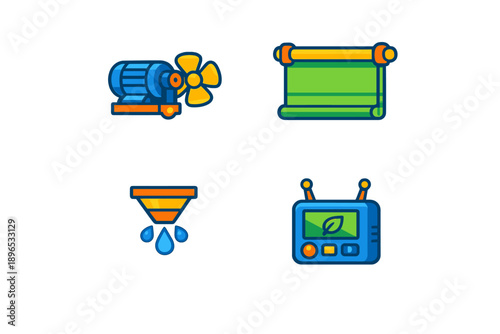 Icons showing different types of equipment and devices used in technology and environmental monitoring in a simple graphic design format