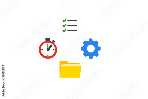 Icons show time management, task completion, and organization with checklist, timer, settings gear, and folder in a simple design for productivity themes and concepts
