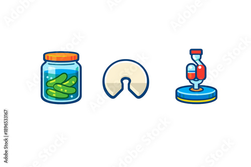 Different types of food items arranged in a row, including pickles in a jar, a dumpling, and a cocktail glass with drink