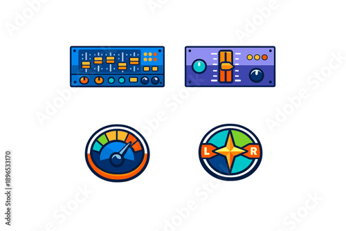Control panels display different settings and indicators for audio and navigation in a simple graphic arrangement