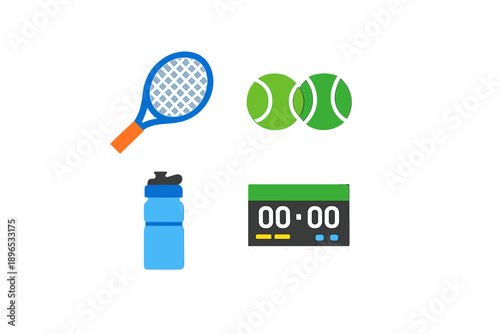 Tennis equipment includes a racket, balls, a water bottle, and a scoreboard placed on a white background during a practice session or match