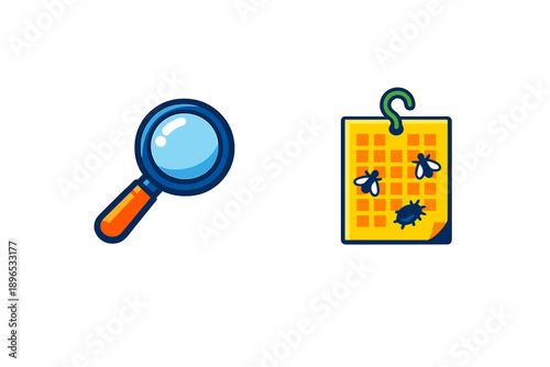 A magnifying glass and a fly trap with insects are shown side by side in a simple design on a white background
