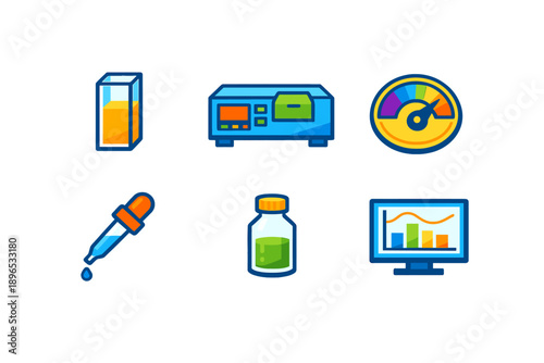Various lab equipment and tools are shown, including containers, measuring devices, and a screen displaying data
