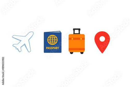 Travel planning includes a plane symbol, a passport with a globe design, a suitcase, and a location pin symbol to represent the journey ahead