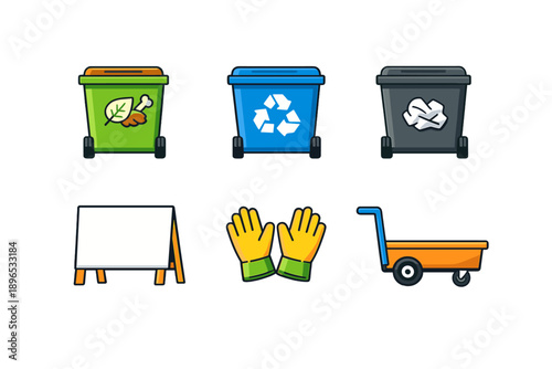 Different types of waste bins and tools for recycling and waste management in an outdoor setting during daytime