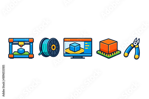 3D printing process with tools and materials on display showcasing different stages of creation