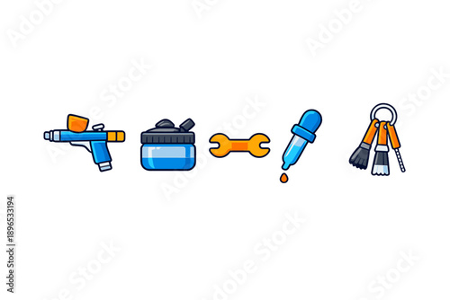 Tools for painting and detailing models shown in a simple layout with airbrush, paint jar, wrench, pipette, and set of brushes