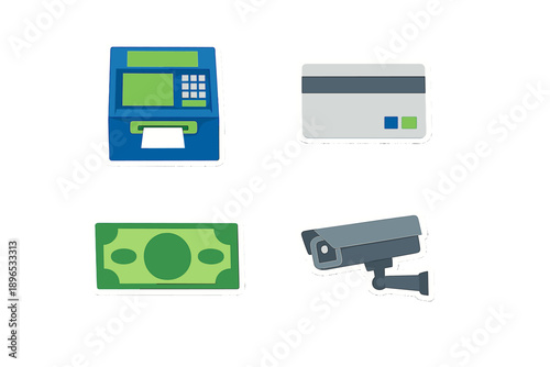 Different items related to finance are shown including an ATM, credit card, cash, and security camera in a simple layout