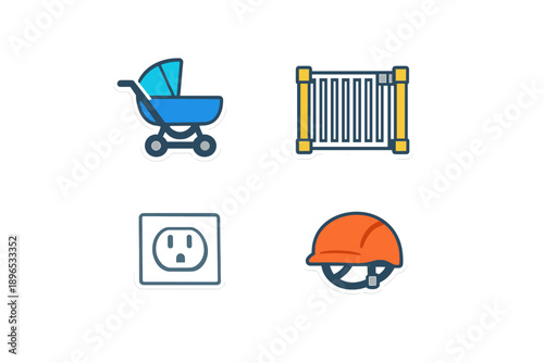 Items related to baby safety and care including a stroller, safety gate, power outlet, and hard hat