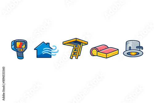 Tools used for home inspection and repair, including thermal camera, house icon, ladder, insulation, and recessed light fixture