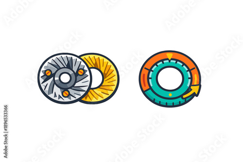 Different types of gears and mechanical components used in machines displayed on a plain background for educational purposes