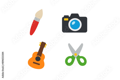 Art supplies, a camera, a musical instrument, and scissors are shown together to represent creativity and various activities