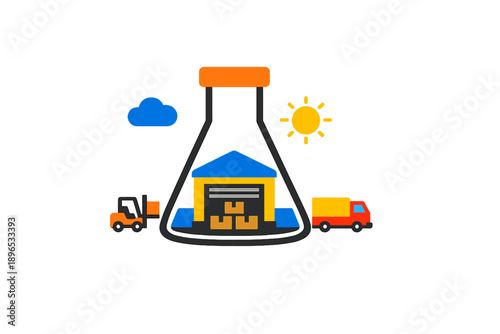 Chemical warehouse with delivery vehicles and clouds under the sun at a logistics site