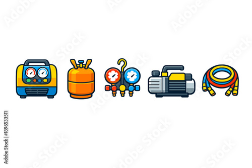 Different tools used in refrigeration work including a gauge set, gas cylinder, vacuum pump, and hoses, often seen in maintenance and repair shops