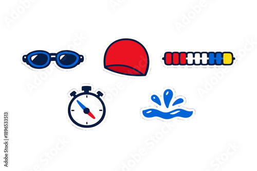 Collection of swimming gear symbols showing goggles, a cap, a stopwatch, a counting device, and a splash, suitable for sports and water activities