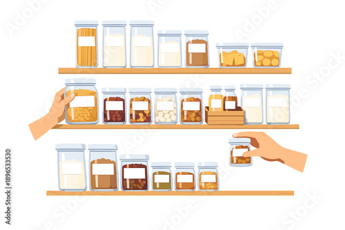 Various jars on shelves with hands organizing dry goods and ingredients in a kitchen during the day