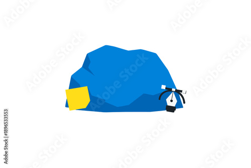 Bright blue rock with shapes nearby and a tool on the right side in a simple style set against a plain white background