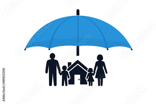 Family under a blue umbrella representing safety and protection at home during a sunny day in a community setting