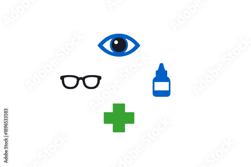 Visual elements related to eye care featuring an eye, glasses, eye drops, and a medical cross symbol that represent health awareness and vision support