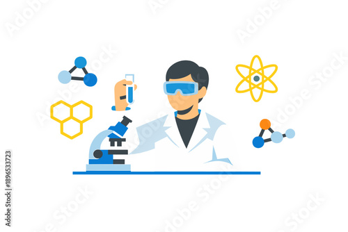 Scientist conducts research in a laboratory while using a microscope and holding a test tube during a daytime experiment focused on molecules and atoms