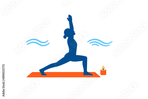 Yoga practice takes place in a bright room with a person doing a warrior pose while balanced on a mat near a candle at a specific time of day