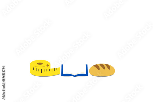 Tools for baking recipes and techniques are shown together in a simple layout on a white background with a measuring tape, a book, and a loaf of bread