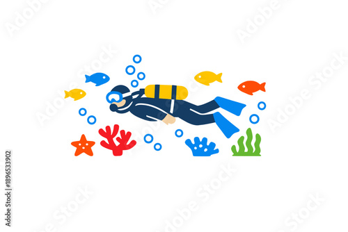 Diver explores underwater scene with fish, coral, and plants in a colorful marine environment during daytime