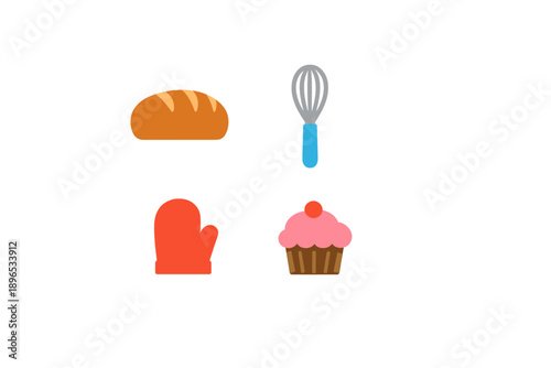 Different kitchen tools and items are shown in a simple design with bread, a whisk, an oven mitt, and a cupcake