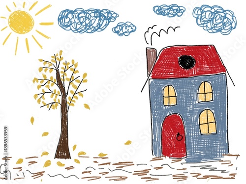 Like children like hand drawn digital illustration house tree autumn sunny day	
