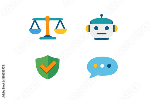 Icons representing law, technology, security, and communication in a digital context with bright colors and simple shapes on a white background