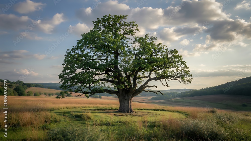Fototapeta premium Solitary Ancient Oak Tree in Golden Grassy Field at Sunset under Cloudy Sky