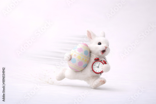 Last Minute Easter Bunny Running with Egg and Clock, Urgent Holiday Concept with Copy Space