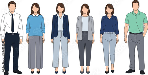 Business people casual office wear illustration, men and women standing, modern workplace fashion, professional team outfit, flat vector style