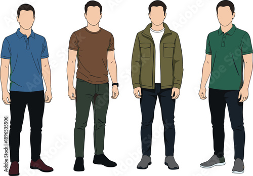 Casual men fashion illustration, modern male outfits collection, stylish everyday clothing, flat design characters, contemporary lifestyle apparel set