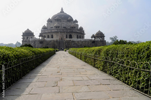 Принти на полотні stone pathway leading to sher shah suri tomb at sasaram framed by trimmed hedges