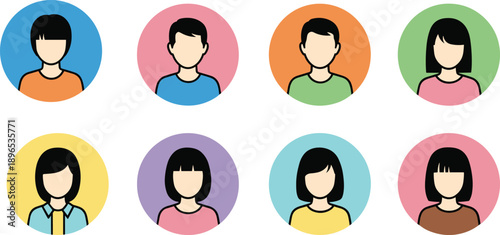 Colorful user avatar icons set, flat people profile illustrations, male female characters, modern UI design, social media identity concept