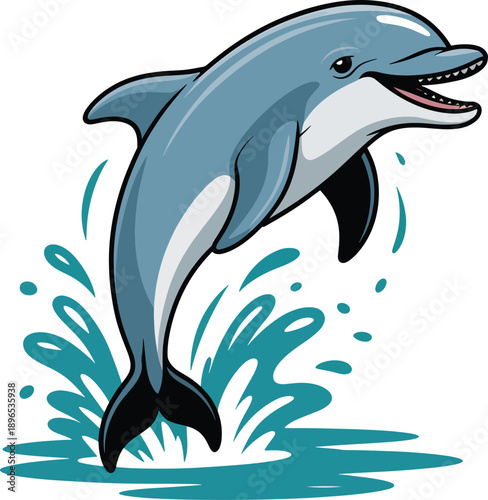 Jumping Dolphin Vector Illustration with Splash Water in Cute Cartoon Style, Playful Marine Mammal Isolated on White Background.