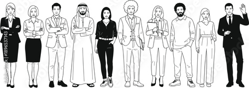 Hand drawn vector line art of diverse business professionals in formal and casual attire, multicultural corporate team and global workforce unity concept