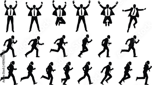 Successful business people silhouettes jumping in celebration and running to success, corporate achievement and professional motivation concept black vector illustration set