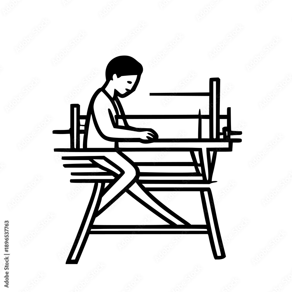 Fototapeta premium Minimalist pictogram of artisan weaving on loom with bold lines, textile craft icon, white background, hand-drawn style illustration for digital design