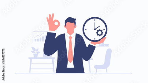 Businessman showing okay sign while holding clock symbolizing time management.