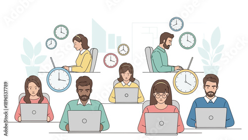 Diverse team working diligently on laptops managing time effectively.