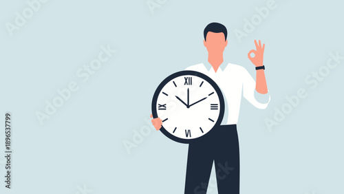 Man Holding Clock and Making OK Sign Time Management Concept.