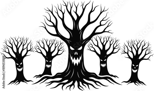 Spooky halloween trees with scary faces silhouette collection, gnarled dead wood forest for horror design and gothic holiday decoration black vector set