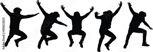 Silhouettes of young men jumping in the air with arms outstretched, energetic youth celebrating success and freedom, active lifestyle vector illustration set