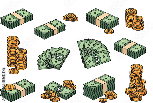 Cartoon money paper cash banknotes and golden coins. Green vector dollar piles and gold stacks. Isolated rich, bank deposit, dream, bills packs, investment, earnings, treasure or jackpot money. eps